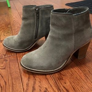 Grey suede ankle boots with wooden heel